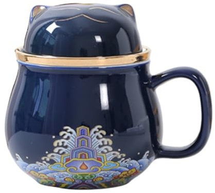 linghhiming Chinese Guochao Lucky Cat Portable Ceramic Office & Household Filter with Lid Personal Tea & Water Separation Cups Tea Cups (Lucky Cat Office Cup - Ji LAN)