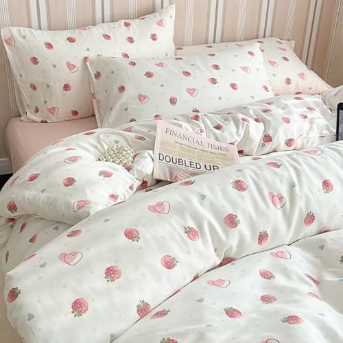 Covebett Bettwäsche 140x200 Weiß mit Rosa Erdbeeren Herzen Muster Mädchen Bettbezug Set Kawaii Kinder Aesthetic Erdbeere Herzchen Microfaser Deckenbezug mit Reißverschluss und Kissenbezug 70x90cm