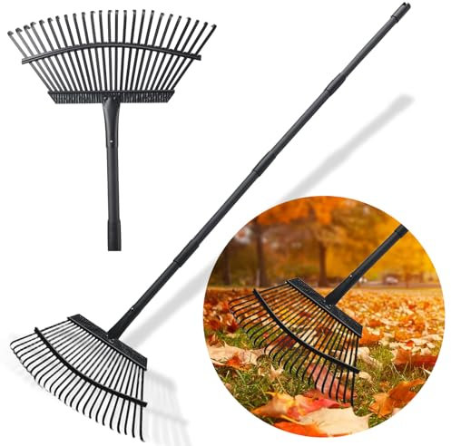 Râteau de Jardin, râteau pour Feuilles très résistant, râteau de Jardin en métal de 163cm avec 25 Dents de 45 cm de Large, Manche en Acier réglable pour pelouse, Cour, arbuste