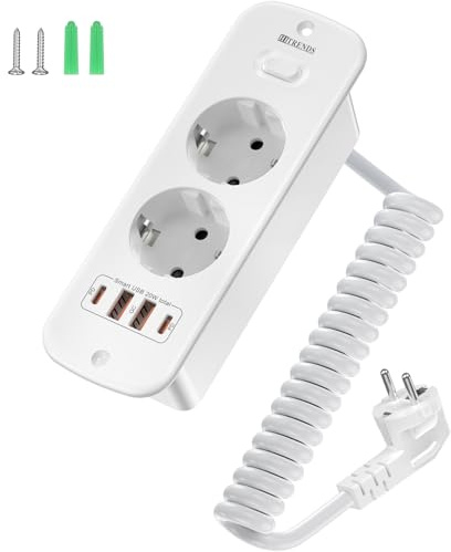 Einbausteckdose mit 4 USB, 2 Fach Einbau Steckerleiste mit Schalter, Einbau Steckdose mit 2 USB A+2 USB C(PD 20W), Steckdosenleiste mit 2M Spiralkabel für Arbeitsplatte Möbel, küche, Weiß