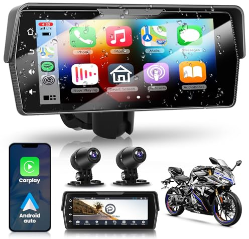 Motorcycle Front+Rear Dash Cam,6.86 inch IPS 1280x480P Touch Screen,1080P Motorcycle Camera DVR,Wireless Carplay&Android Auto,GPS,IP67 Waterproof,120°Wide,Bluetooth5.0,TF,PhoneLink for Motorbike