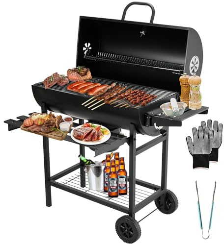 TEENO Parrilla para Barbacoa, Barbacoa de Carbón de Madera con Parrilla de Cocina XXL de Gran Tamaño, Guantes Anti-Quemaduras, Termómetro, Cajón de Cenizas, Ventilación Regulable (Básico)