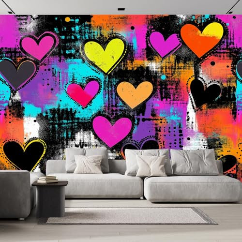 DLERFLOVR Neon Heart Photo Wallpaper 3D Effect 450x315cm Grunge Art Wall Mural Large Poster Bedroom Living Room Hallway Sofa Backdrop Wall Decor