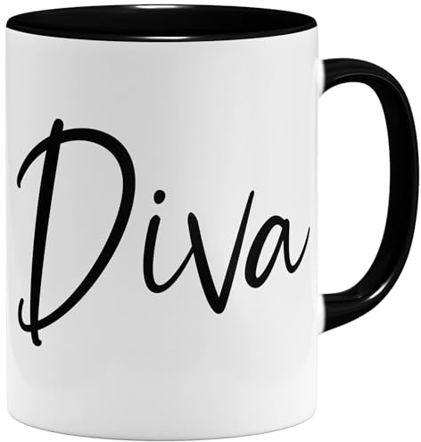 OM3® Kaffee-Tasse mit Spruch - Diva - Typography - Statement - Keramik Becher - 325ml - Beidseitig Bedruckt - Schwarz