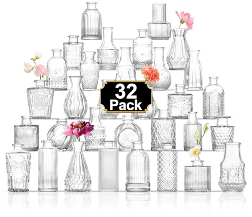ROLLSCERAY Knospenvasen in Großpackung 32, klare Glasknospenvasen für Tafelaufsätze, kleine Vasen für Blumen, Mini Vintage Blumenvase für Tafelaufsätze, Hochzeitstischdekoration, Wohnraumdekoration