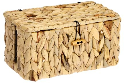 BSTKEY Water Hyacinth Cord Storage Basket with Lid, Hand-woven Cable Management Storage Box Decorative Data Cable Basket Socket Holder with 2 Side Open Slots for Countertop Floor (Size S)