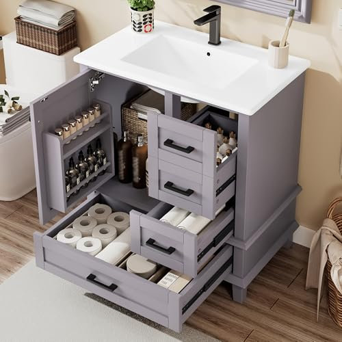 Arhatreya Armoire de salle de bain au sol 76 x 46 x 83,5 cm avec lavabo, meuble de salle de bain, entièrement laqué, étagère de porte, trois tiroirs silencieux, lavabo en céramique intégré, gris