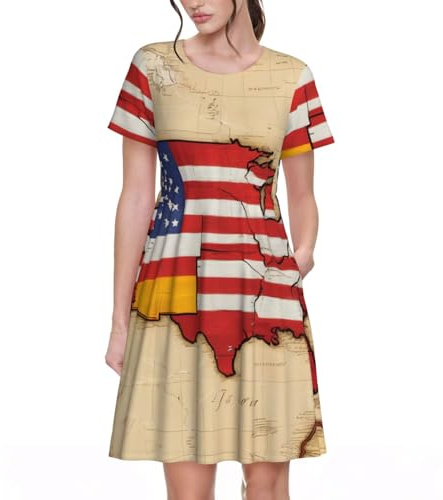 Vestido de verano con estampado de la bandera de España Americana para mujer, con bolsillos, casual, cuello redondo, manga corta, Negro -, 3XL