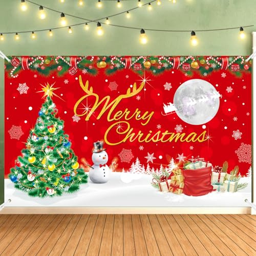 Penitue Merry Christmas Toile Fond, 180x110cm Décorations Noël Bannière Joyeuses Fêtes Arrière-Plan pour Photographie Décoration Maison Panneau Jardin Hiver Fête (Arbre, Bonhomme Neige, Cadeau)