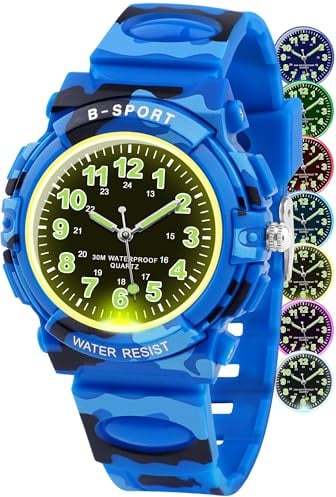 GUUMUXIN Analoge Kinderuhr mit Bunten Lichtern für Jungen und Mädchen, 30M wasserdichte Lernuhr TPU Armband Outdoor Sportuhr für 5-16 Jahre