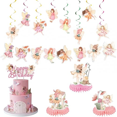 20 Stück Feen Geburtstag Deko, Feen Deko für Kindergeburtstag, Torten Deko Mädchen, Geburtstagsdeko für Feen-Themen-Party, Gartenparty, Foto Requisiten, Mit Wimpelkette, Hängedekorationen und Tischdek