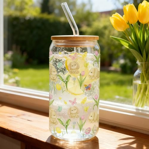 500ml Ostertasse Glas mit Deckel und Strohhalm - Tasse Ostern mit Hasen & Tulpen - Trinkglas für Eiskaffee & Matcha - Süße Ostern Geschenke für Frauen & Mädchen
