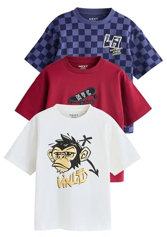 NEXT Jungen Regular Fit Kurzarm-T-Shirts mit Grafik, 3er-Pack Berry/Ecru/Purple Numeric_134