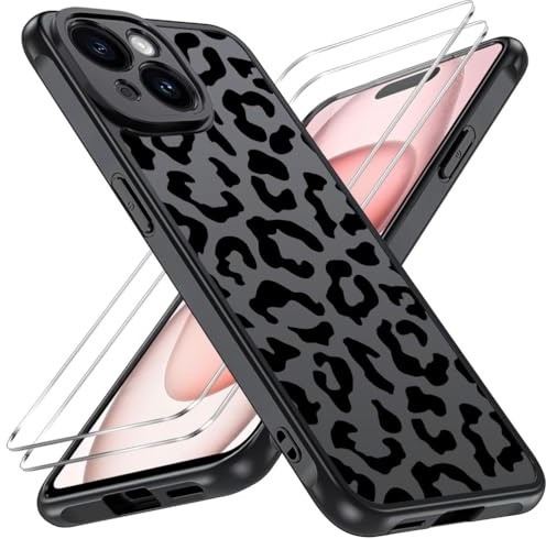 Mkej Hülle kompatibel mit iPhone 15 Hülle mit 2 Stück Panzer Schutz Glas, Aesthetic Leopard Muster Case Matt Transluzente Handyhülle Kratzfeste PC Rückseite +TPU Stoßfest Bumper Matt Schutzhülle