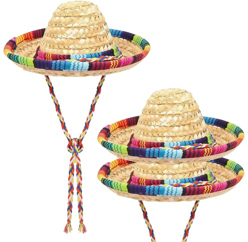 XNHIU 3 Pcs Mini Mexican Sombrero Hats, Fiesta Straw Hat, Colorful Sombrero Hats for Mexican Theme Party Favors, Cute Straw Sombreros for Carnival Decorations