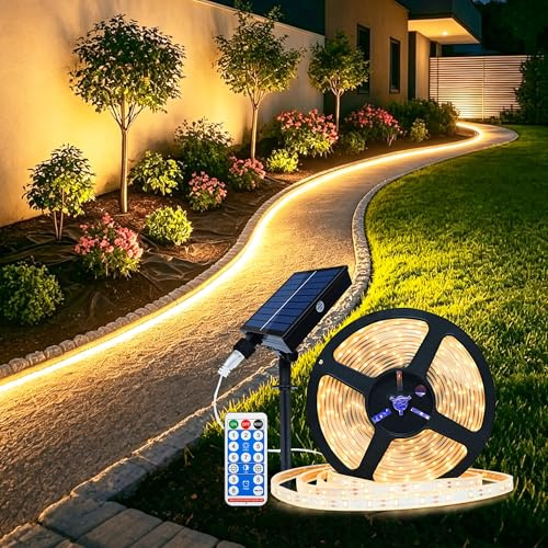 SOAIY Solar LED Streifen Außen 5M 300 LEDs dimmbare LED Band mit Fernbedienung 8 Modi Timer Selbstklebend wasserdicht Lichterkette für Garten Terrasse Balkon Treppe Pavillon Party Warmweiß Deko