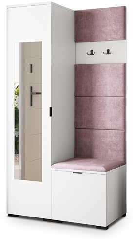 Masseno Flugarderoben Set VIRA, Kleiderschrank-Set mit Spiegel und Sitzbank, Garderobenschrank Flur mit 3 Regalböden, Weiß