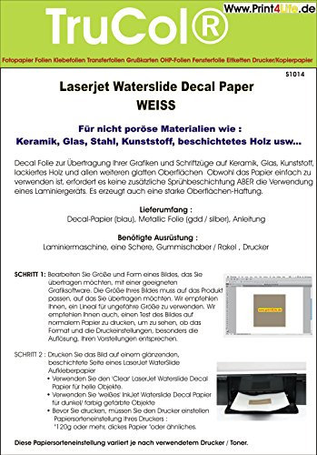 5 Blatt Wasserschiebefolie Decal Papier Transfer Folie DIN A4 Weiss für Laserdrucker Kopierer WEIßE Folie wasserabschiebefolie Transferfolie Transferpapier