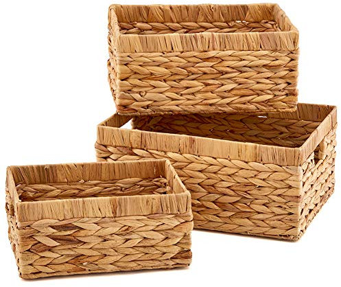 EZOWare Set of 3 Natural Water Hyacinth Organiser Baskets, Weaved Storage Container Boxes with Handle Ideal for Kitchen, Bathroom Bedroom, Home Decor