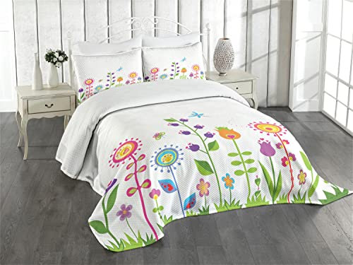 ABAKUHAUS Tulpe Tagesdecke Set, Netter Blumen Cartoon, Set mit Kissenbezug Feste Farben, für Einzelbetten 170 x 220 cm, Grün Rosa