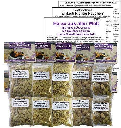 Weihrauch Reine Harze Räucherset 500ml (10x 50ml) – Top 5 mit Olibanum Eritrea, Äthiopien, Oman, Sacra Aden, Boswellia Serrata & Räucheranleitung. 81670-2