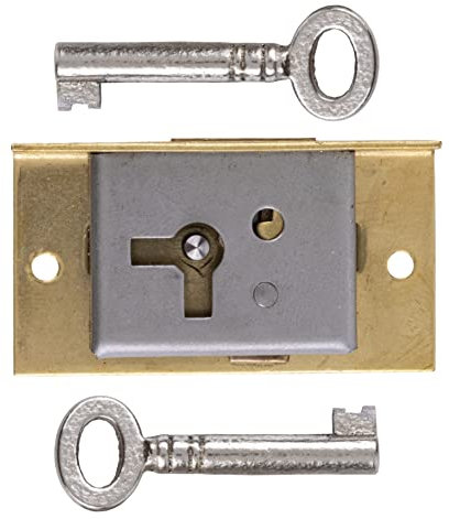 Small Right Hand Cabinet Door or Drawer Brass Plated Half Mortise Lock w/Two Skeleton Keys | HL5-SB