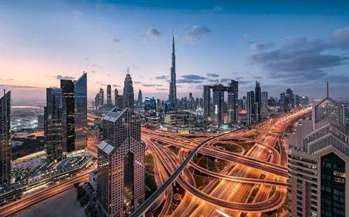Komar Vlies Fototapete LIGHTS OF DUBAI | Tapete, XXL, Dekoration, Natur, Landschaft, Schlafzimmer, Wohnzimmer, Büro, Flur | Größe 450 x 280 cm (Breite x Höhe) | SHX9-119
