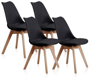 Bistro, Pack 4 Sillas de Comedor, Sillas de Salon o Cocina, Acabado en Simil Piel Negro y Madera, Medidas: 48 cm (Ancho) x 54 cm (Fondo) x 84 cm (Alto)