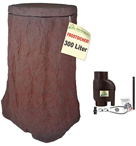 Regentonne, Regentonnen, Regenspeicher, Regenbehälter, Baum 300l braun mit Fallrohrfilter T33 braun FROSTSICHERES Regenfass Wassertonne mit Deckel und Wasserhahn DAS ORIGINAL!
