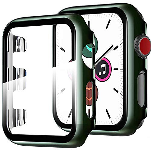 Miimall Funda Compatible con Apple Watch Series 6/5/4/SE 44mm Carcasa Protector Cristal, 2 en 1 PC Case + Vidrio Templado Anti-Choque Protector Pantalla para iWatch Series 6/5/4/SE 44mm - Verde Oscuro