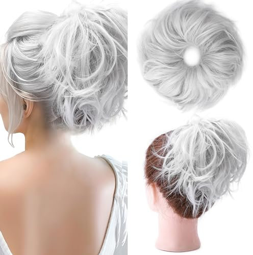 Hair Extension Haarverlängerung Haarteil Haargummi Hochsteckfrisuren Brautfrisuren VOLUMINÖS Gewellter Unordentlicher Dutt Pferdeschwanz Silbergrau