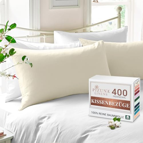 Pizuna 2er Pack Kissenbezug 40x80 cm Baumwolle Neu Elfenbein 400 Fadenzahl | Luxuriöser Soft-Satin 2er Pack Kissenbezüge, 100% Langstapel Baumwolle Nur Kissenbezug, 40x80 cm Mako Satin