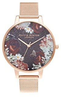 Olivia Burton Analog Quarzuhr für Damen Kollektion Winter Blooms mit Roségoldfarbenes Edelstahl-Mesh-Gliederarmband - OB16WG80