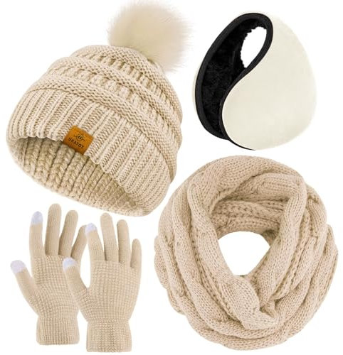 URATOT Winter-Set mit Strickschal, Pompon-Mütze, Touchscreen-Handschuhe und Ohrenwärmern, warmes Set für Damen und Herren, Beige, Medium