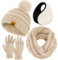 URATOT Winter-Set mit Strickschal, Pompon-Mütze, Touchscreen-Handschuhe und Ohrenwärmern, warmes Set für Damen und Herren, Beige, Medium