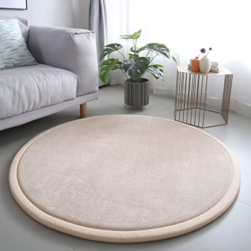 Loartee korallenrote Samtmatte Teppich Rund, als Krabbeldecke fürs Kind,2,5cm Dicker Kinderteppich,Beige,160cm