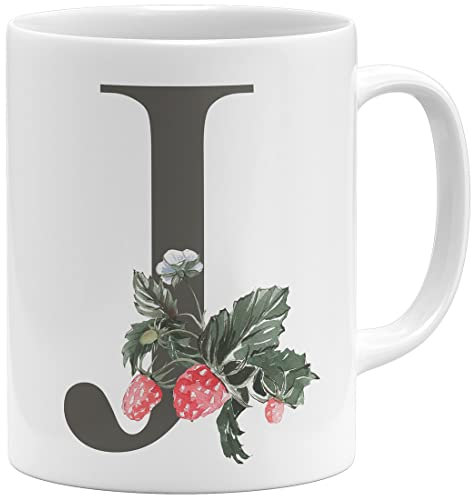 OM3® Buchstabe J | Flower Watercolor | Alphabet Buchstaben Tasse | Keramik Becher | 11oz 325ml | Beidseitig Bedruckt | Weiss