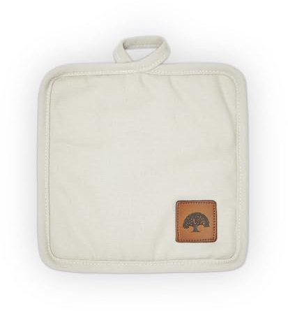 BO877006 Barbary & Oak Cotton Pot Holder with Leather Details, Hanging Loop, 20cm, Cream
