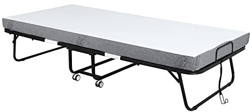 HOMCOM Cama Plegable 200x90x42,5 cm Cama de Camping Portátil con Colchón Individual Ruedas y Frenos Carga 150 kg para Dormitorio Salón Oficina Blanco