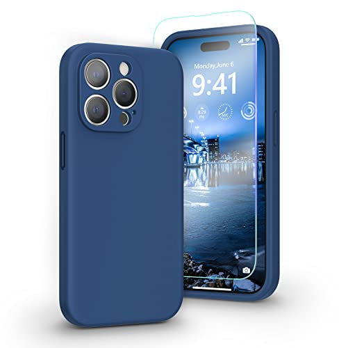 pcgaga Liquid Silicone Case for iPhone 14 Pro Max with Screen Protector [Camera Protection] [Microfiber Lining] Slim Shockproof Protective Phone Cover, 6.7 Inch, Blue Jay