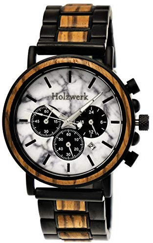 Holzwerk Germany Handgefertigte Designer Herren-Uhr Öko Natur Holz-Uhr Chronograph Armband-Uhr Analog Quarz-Uhr Braun Weiß Schwarz Marmor Stein Datum Holz Ziffernblatt (Braun-weiß.)