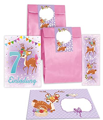 Junapack 12 Einladungskarten zum 7. Kindergeburtstag siebte Geburtstag Mädchen Reh incl. 12 Umschläge, 12 Tüten/rosa, 12 Aufkleber, 12 Lesezeichen