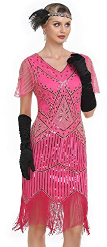 PrettyGuide Damen 1920er Jahre Flapper Kleid Kurzarm Glitzer Pailletten Inspiriert Fransen Party Cocktail Kleider, Hot Pink (mit Zubehör), 42-44