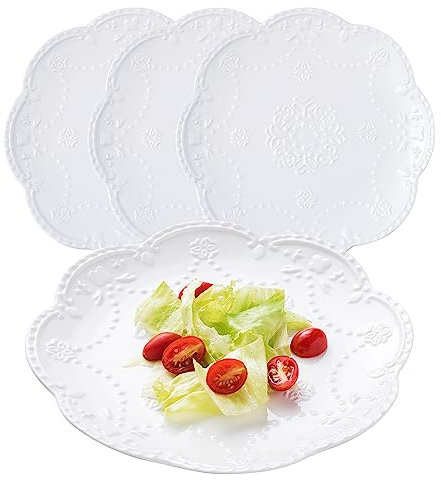 CLAY TONIC CL-PL015 CL-PL015 Teller mit geprägter Spitze, Weiß, für Pasta, Salat, Dessertteller, Geschirr-Set für Restaurant, Familienfeier, Küche, 4 Teller, CL-PL015 (25,4 cm, weiß)