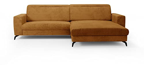 CAVADORE Ecksofa Bounce mit Cord-Bezug / L-Form-Sofa mit Longchair + mattschwarzen Metallfüßen / 290 x 88 x 178 / Breitcord, Gold-Gelb