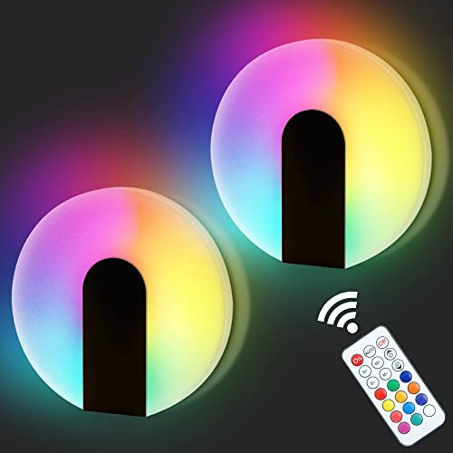 ELINKUME Wandlampe Innen Ohne Stromanschluss Batteriebetrieben, Usb Lader Remote RGB Led Wandlampe, Lochfrei Magnetisch Rund Modern Wandleuchte für Schlafzimmer Badezimmer Gang (2 Stücke)