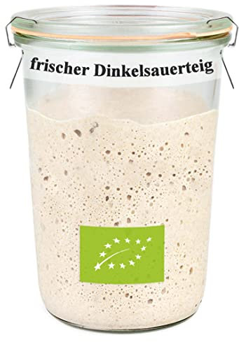 Bäckerei Spiegelhauer frischer Bio Dinkelsauerteig 300g I Brot backen ohne Hefe I Natursauerteig perfekt für Brote oder als Anstellgut 300g I mit Sauerteig-Glas