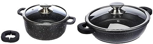 Kamberg - Marmite Faitout 20 cm - Fonte d'Aluminium - Revêtement Type Pierre - Couvercle en Verre - Tous Feux dont Induction - Sans PFOA - 0008031 & Sautoir/Sauteuse 24 cm - Fonte