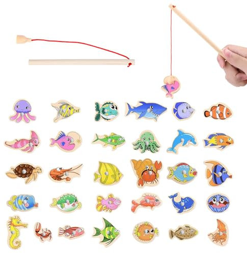 RTRTGS Angeln Spielzeug, 31 Stück Magnetisches Angelspiel, mit Zwei Angelrute, Holzspielzeug, Lernspielzeug Geschenk für Kinder,Für Mädchen und Jungen