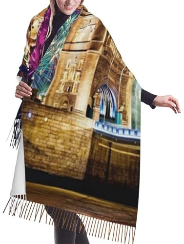 YoupO Night London Tower Bridge Print Fransen Schal Frauen Wrap Schal Quasten Schals Mode Super Weich Schal für Winter, Schwarz , One size